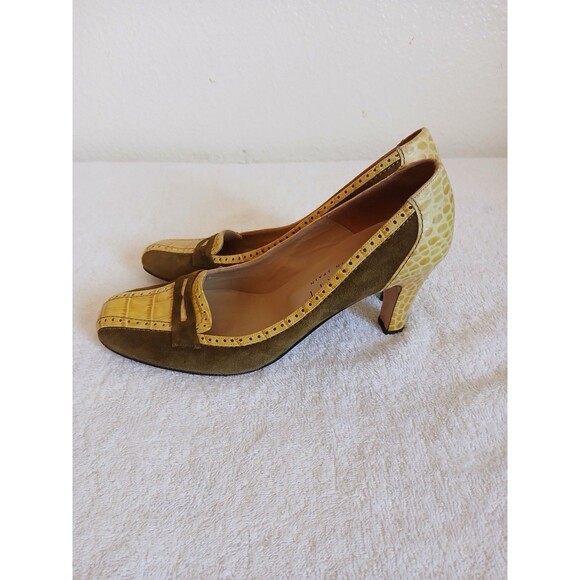 Magrit Womens Heels Size 39 EU 8.5 USA Brown Suede Yellow Croc Embossed Leather - Picture 3 of 13